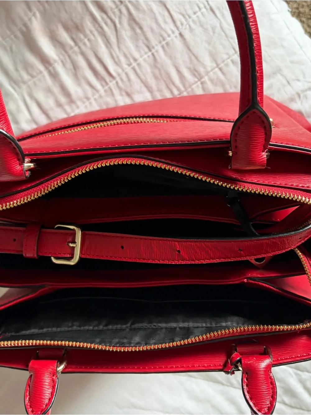 DKNY Cherry Red Saffiano Leather Satchel Bag with Gold Hardware